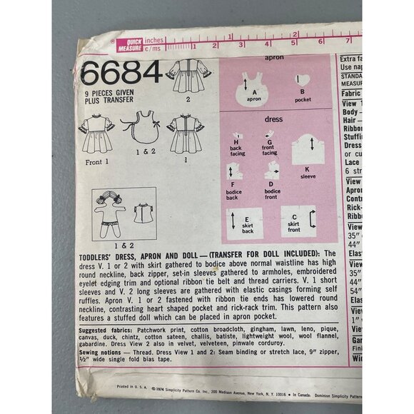 70s Simplicity 6684 Sewing Pattern Size 3 Toddlers Dress Apron Doll Vintage CUT - Picture 4 of 7